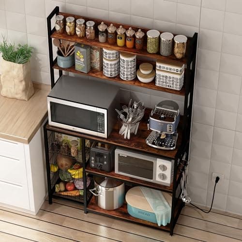 Vintage Brown 5-Tier Bakers Rack with Baskets and Hooks, Microwave Stand Shelf
