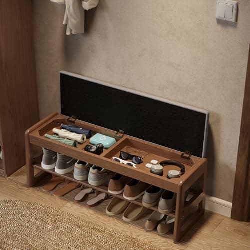 Walnut Wood 2-Tier Shoe Bench with Flip-Top Storage for Entryway