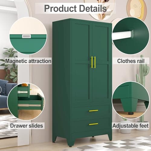 71" Green Metal Storage Cabinet with 2 Doors & Drawers, Hanging Rods for Home Office, Bedroom, Living Room