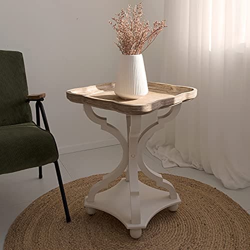 Rustic Farmhouse Cottagecore Accent End Table, Natural White Tray Top, Handcrafted Modern Finish