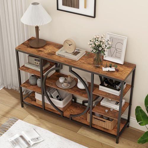 Rustic Brown 47" GiftGo Industrial Console Table with 4 Tier Storage for Entryway and Living Room