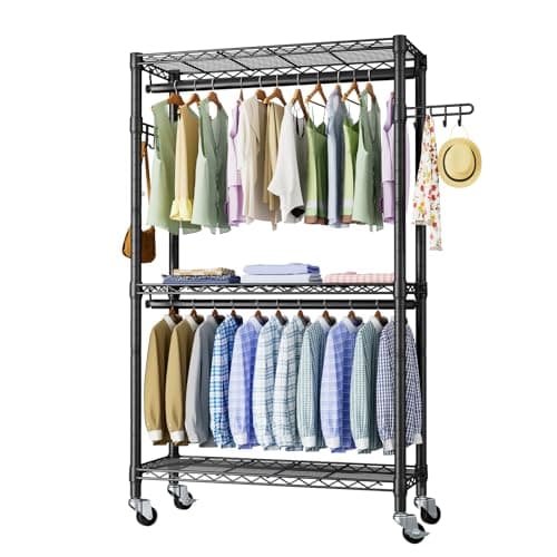 3-Tier Heavy Duty Wire Clothes Rack with Double Rods & Hooks, Freestanding Storage Wardrobe