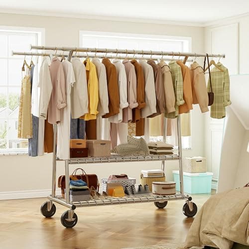 Raybee 78" W Heavy Duty Clothing Rack, 650LBS Load, Shelves & Wheels, Portable & CollapsibleChrome