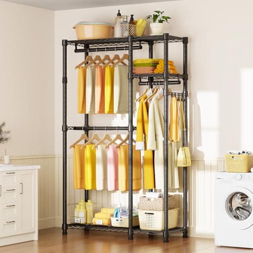 Durable Clothes Garment Rack for Heavy Items: Portable Closet Organizer with Shelves and Double Rods