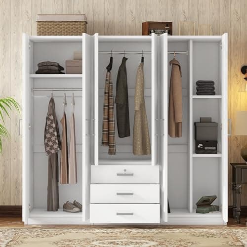 Merax Large 6-Door White Wooden Wardrobe, Tall Armoire Closet Organizer