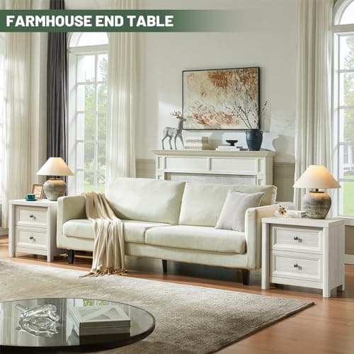 Farmhouse White Night Stands Set of 2, 2 Drawer Storage, Large Rustic Wood Bedside Tables
