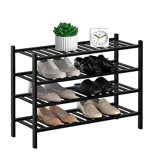 Black 2 Tier Bamboo Closet Shoe Rack Storage Organizer