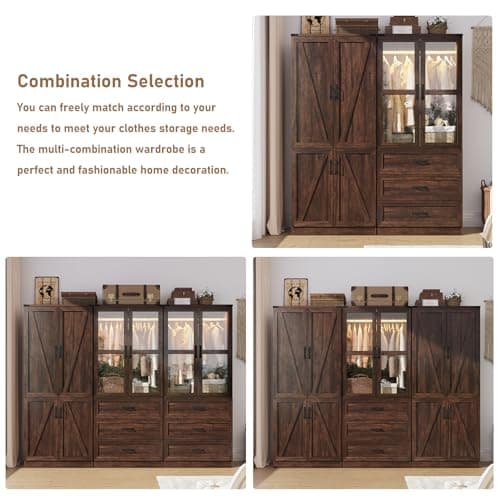 75" Tall Brown Farmhouse Armoire Wardrobe with 2 Doors, 3 Drawers & Rod