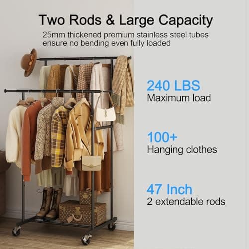 Gewudraw Heavy-Duty Rolling Clothes Rack with Wheels and Shelves - 64.2 inch Black Metal Garment Rack