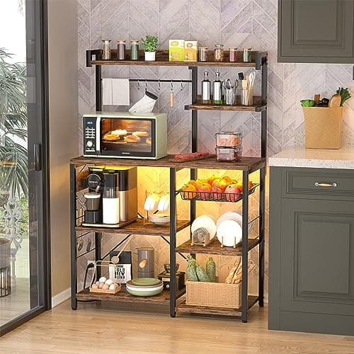 Aheaplus Rustic Brown Bakers Rack with Power Outlet & LED Lights, 10 Hooks & Wire Basket