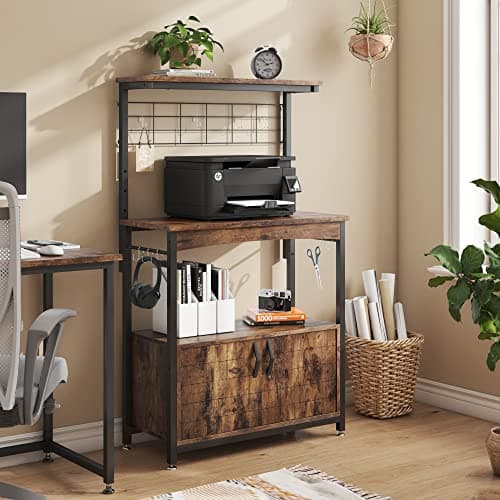 Bestier Height-Adjustable 45-55" Microwave Racks with Storage & Wheels, Rustic Brown