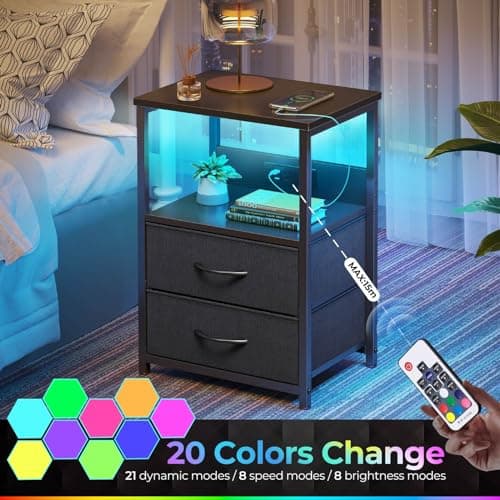Seventable Black Nightstand with Charging & LED Lights, 3-Tier Storagedrawer