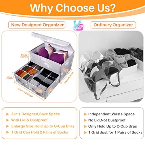 Grey Sock Underwear Drawer Divider - Closet Organizer Bin with Lid
