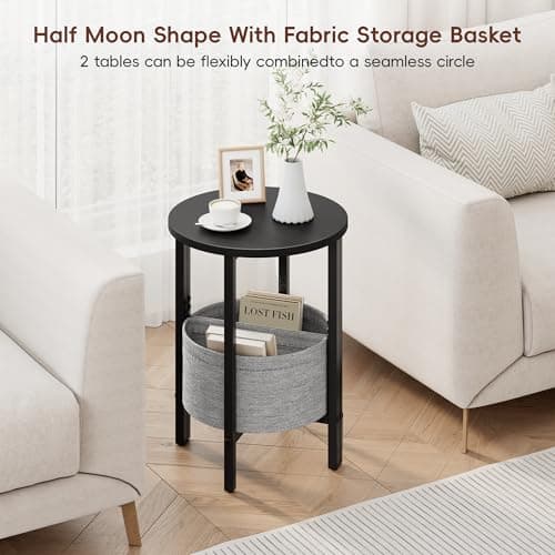 Vagusicc Small Round End Table with Fabric Basket, Set of 2