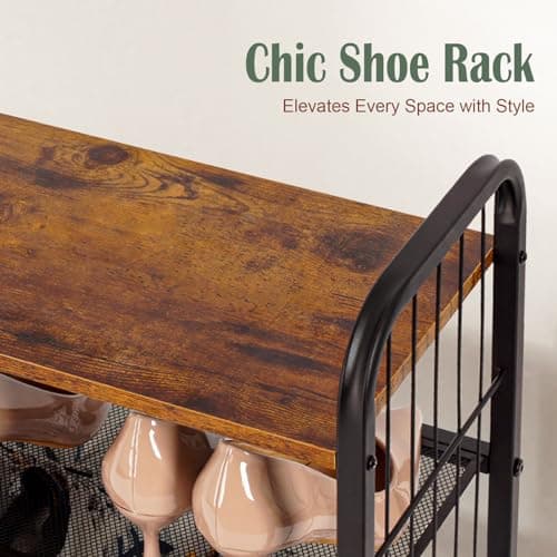 Rustic Wooden Top 4-Tier Shoe Organizer with Guardrails & Metal Mesh Shelves