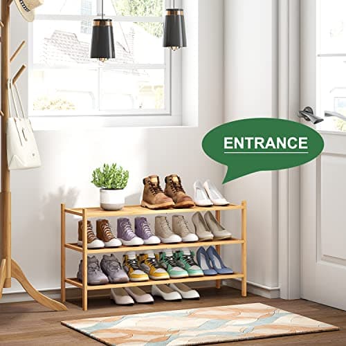 Bamboo 3-Tier Long Shoe Rack for Entryway | Foldable & Stackable Shoe Organizer