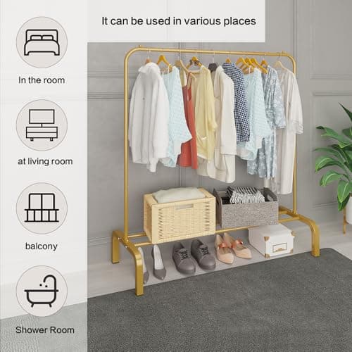 JIUYOTREE Gold Metal 43.3" Clothing Rack with Bottom Shelf for Hanging Clothes Coats Skirts Shirts Sweaters