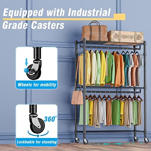 Homdox Heavy Duty Rolling Clothing Rack with Shelves and Side Hooks