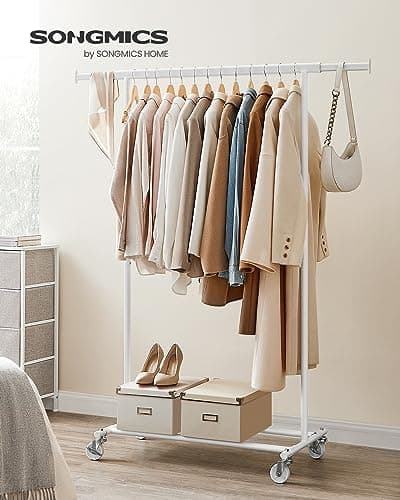 SONGMICS Portable Heavy-Duty Clothing Rack with Extendable Rail, 220 lb Load Capacity, White