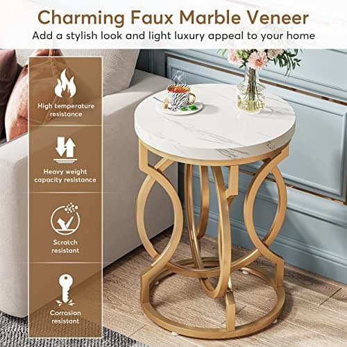 Tribesigns White + Gold O-Shaped Metal Base Round End Table Set of 2