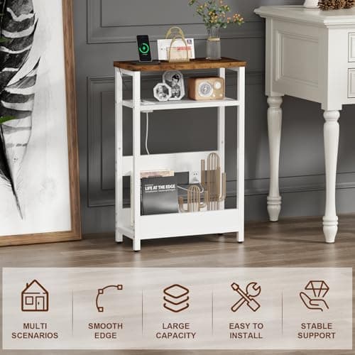 IBUYKE Narrow Side Table Set of 2 with Charging Station, White and Brown UTMZ006W-2