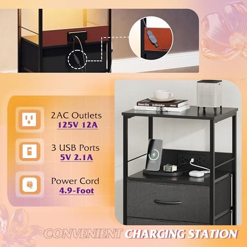 WLIVE Black Night Stand with Charging & Storage