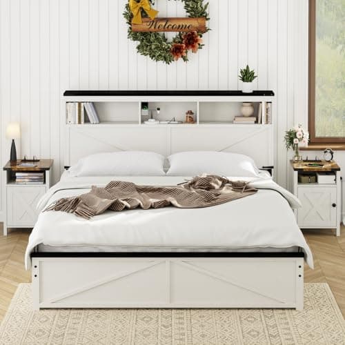 Modern White Farmhouse End Tables with Charging Station Set of 2