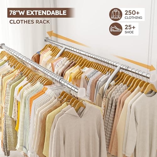 Raybee 78" W Heavy Duty Clothing Rack, 650LBS Load, Shelves & Wheels, Portable & CollapsibleChrome
