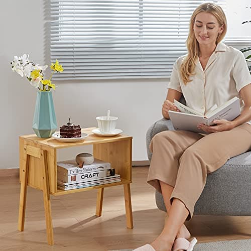 Bamboo Stackable End Tables, Pipishell Living Room Nightstand Set of 2