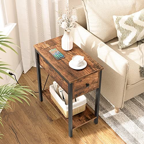 HOOBRO Rustic Brown & Black End Table Set, Charging Station, Drawer Storage, Small Spaces BF041BZP201