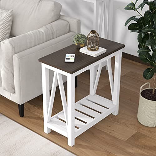ChooChoo Farmhouse End Table Set of 2, Rustic White Storage Shelf for Living Room, Bedroom