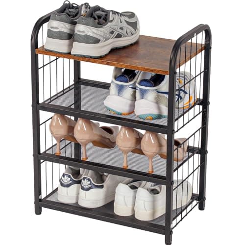 Rustic Wooden Top 4-Tier Shoe Organizer with Guardrails & Metal Mesh Shelves
