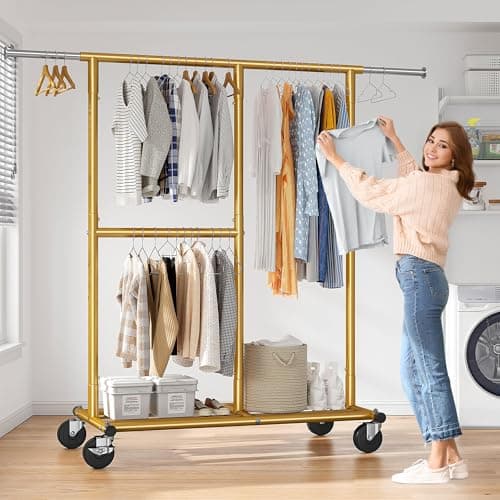 Raybee Gold Heavy Duty Clothing Rack 405 LBS, Rolling Portable Garment Stand