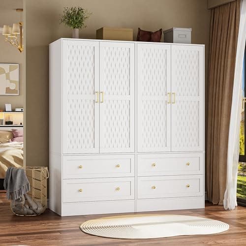 PAKASEPT Freestanding Wooden Armoire Wardrobe with Drawers and 2 Woven Doors