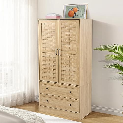 LEVNARY Walnut Freestanding Wardrobe with Woven Doors and Storage Drawers