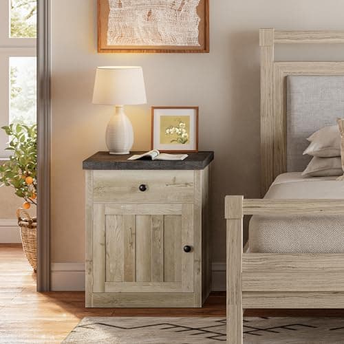 LIKIMIO Rustic White Wood End Table with Storage for Bedroom