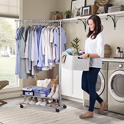 MISSLO 2-Shelf Rolling Metal Garment Rack, Silver Heavy DutyClothing Hanger
