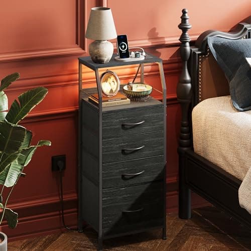 Black WLIVE Nightstand with Charging Station, 4 Drawer Dresser & LED Light