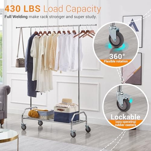 LiaMeE Heavy Duty Clothing Rack, Adjustable Rolling Rod & Shelf, Chrome Plated