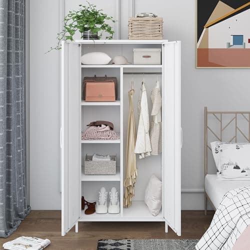 MIOCASA Steel Armoire Wardrobe - 4 Shelf, 2 Door White Storage Cabinet