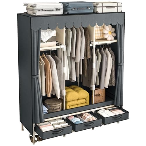 Large Grey Metal Closet with 4 Hanging Rods & Drawers, Non-Woven Dust Cover, 66.93in High, Bedroom Storage