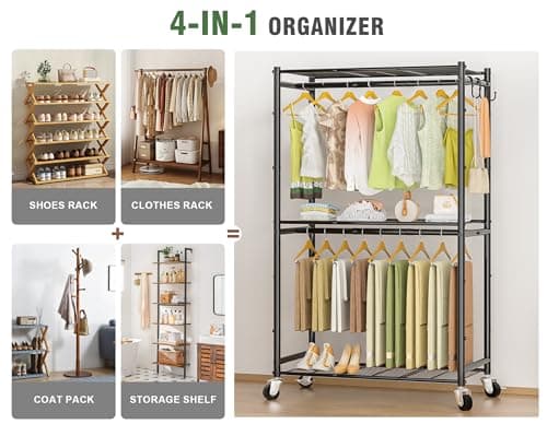 Portable Metal Clothes Rack with Double Rods & 3 Wire Shelves