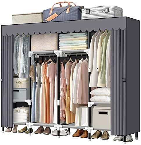 Loceme 67 Inch Portable Wardrobe Closet with 4 Hanging Rods, 25mm Steel Tube, Gray Cover