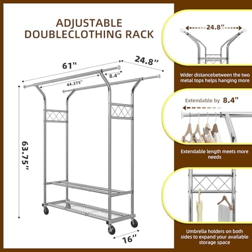 Heavy Duty Rolling Garment Rack, 620 LBS Load, Chrome Finish