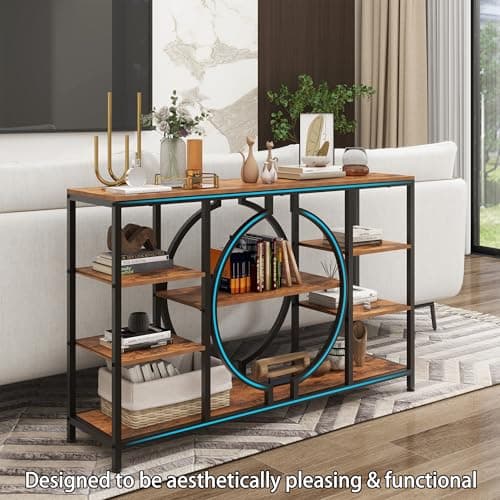 Rustic Brown 47" GiftGo Industrial Console Table with 4 Tier Storage for Entryway and Living Room