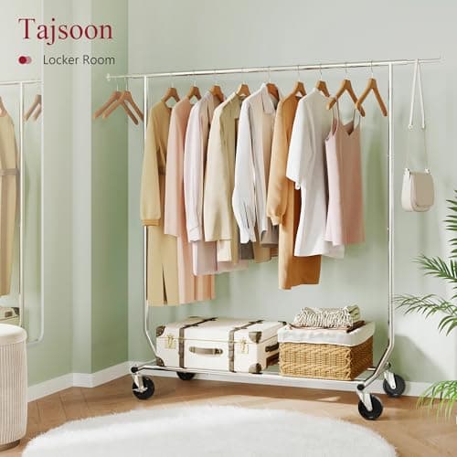 Tajsoon Heavy Duty Folding Clothing Rack with Wheels & Extendable Rod, Max 250lbs Capacity, Chrome