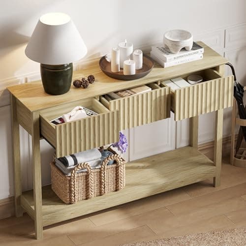 Treocho 47" Fluted Console Table with 3 Drawers, Oak Storage Foyer Table for Entryway, Living Room