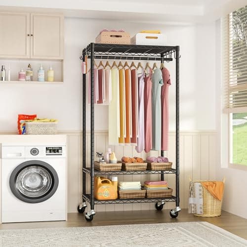 Heavy Duty P6 Rolling Clothes Rack, Max 380 LBS, Portable Closet Rack, Black