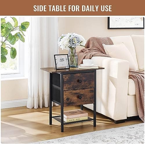 Rustic Brown End Table with 2 Drawers and 2-Tier Storage Shelf