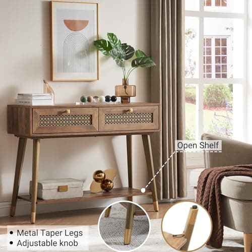 Rustic Oak Narrow Sofa Table with Drawers & Shelf, Modern Living Room Console